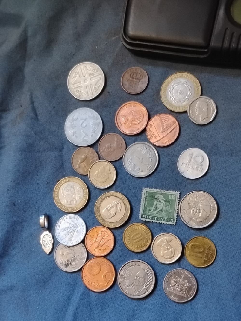 Mixed World Coin Lot with Indian Stamp - Blue & Metallic Tones